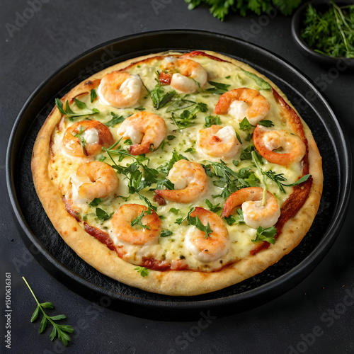 delicious shrimp pizza topped with fresh herbs