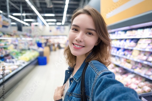 Satisfies supermarket customer looking at camera. High quality