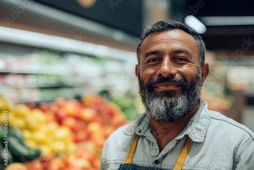 Satisfies supermarket customer looking at camera. High quality