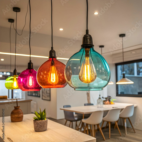 colorful glass pendant lights illuminating a modern