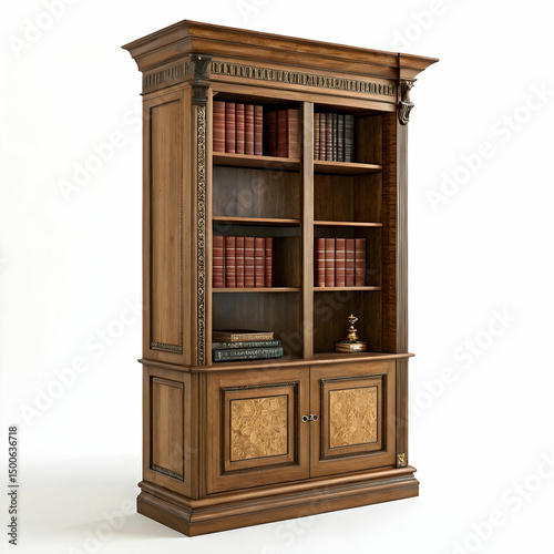 classic wooden bookshelf design isolated on white background