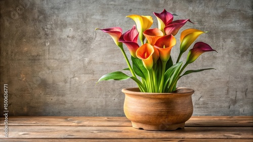 Vibrant colorful calla lily arranged in a beautiful ceramic pot with a natural wood base and a minimalist greenery background , colorful flowers, botanical