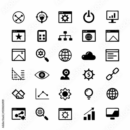 Create a bold vector graphic depicting SEO and web development tools.  Illustrate key elements like keywords, analytics, and website optimization.