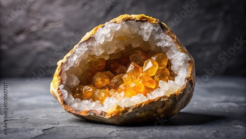 Geode with crystalline citrine formation on dark volcanic rock surface , rock, citrine,  rock, citrine, mineral