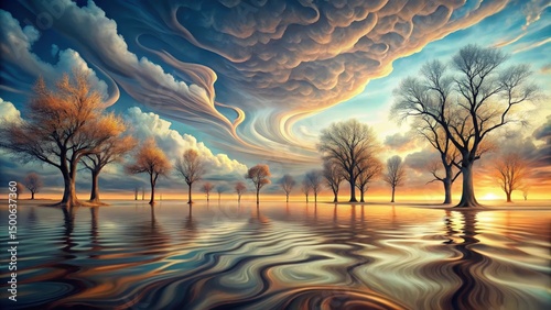 A surreal landscape with melting trees and distorted sky, hallucination
