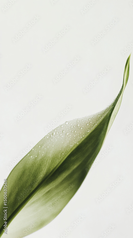 Obraz premium Minimalist close-up of a green leaf tip with fresh dew droplets against a clean white background