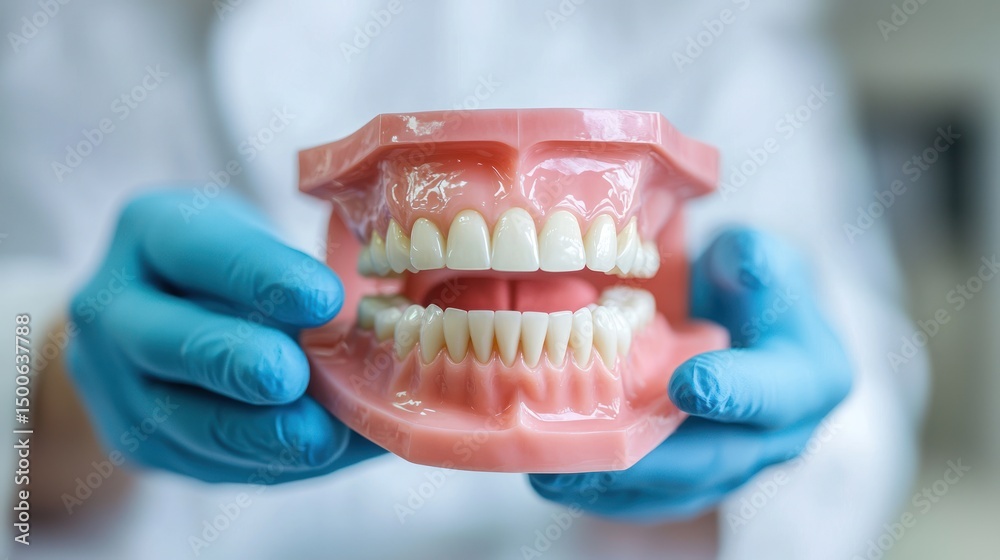 A person in a lab coat holding a dental model of teeth in their hands. A person in a lab coat holding a dental model of teeth in their hands.