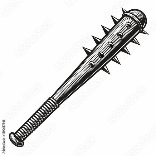 Create a bold, vector illustration of a spiked bat, emphasizing thick, black strokes for a melee weapon design.  Include detailed texture and sharp points.