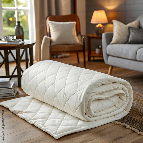 soft rolled white quilt lying on a surface ready