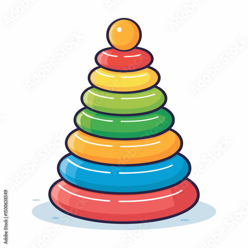Create a bold, vector illustration of a stacking ring toy, emphasizing thick outlines and vibrant colors.  Show multiple rings of varying sizes.