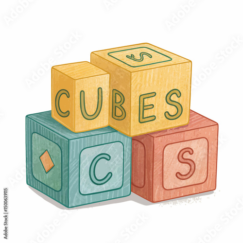 Create a vector illustration of a bold, black stroke stacking cubes toy; clean lines, simple design,  suitable for children's products.