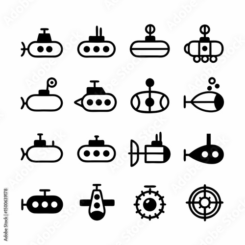 Design a vector icon pack featuring bold-stroke submarines in various angles and states (diving, surfaced, etc.).  Include detailed, high-resolution versions.