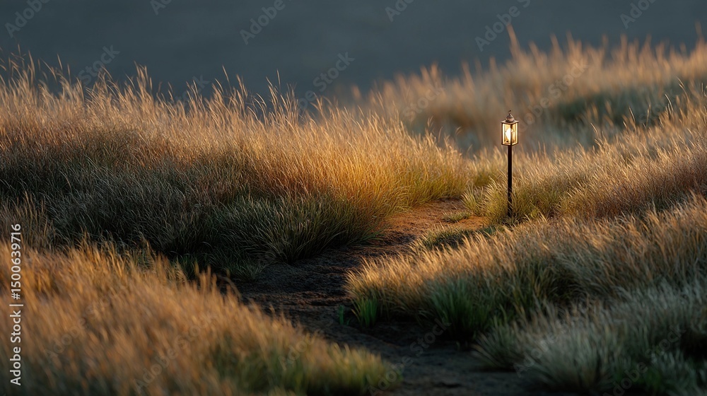 Obraz premium Slender vertical light beacon standing alone in grassy field, symbolizing guidance, solitude, and minimalism in open natural landscape composition.