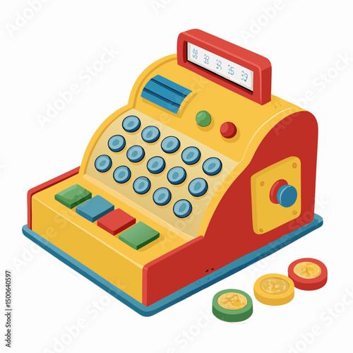 Create a bold, vector illustration of a vintage toy cash register with thick black strokes.  Include details like keys and a drawer.