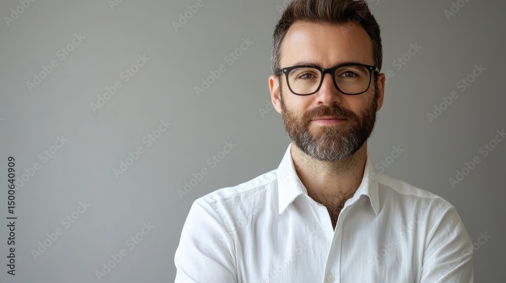 Obraz premium A man with a beard wearing glasses, standing against a gray background.