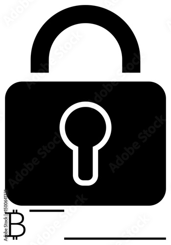 Black padlock symbol combined with Bitcoin icon signifies blockchain security, cryptocurrency safety, and data protection. Ideal for finance, cybersecurity, investment, privacy, decentralization