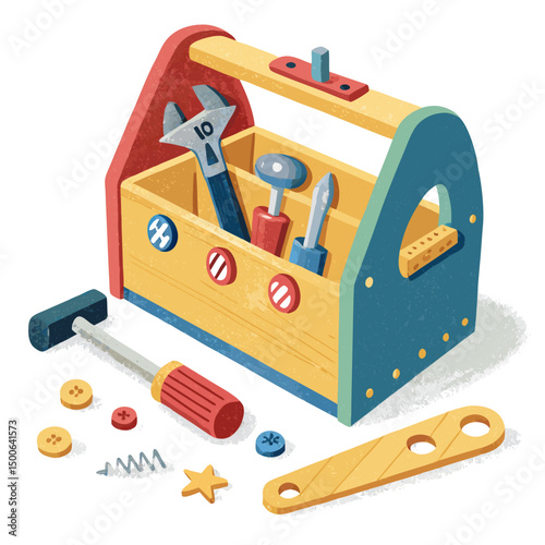 Create a bold, vector illustration of a toy toolbox with slightly messy, scattered tools inside.  Focus on strong outlines and vibrant colors.