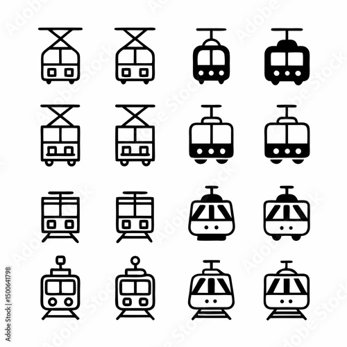 Design a vector icon pack featuring bold-stroked tram illustrations in various styles (front, side, top views).  Include different tram types.