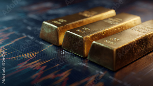 Wallpaper Mural Gold, Rising gold prices. Money in hands of man. Gold bars with growing charts. Increase in cost of precious metals. Man buys 999-carat gold. Investments in golden securities. Buying aurum ETF	 Torontodigital.ca