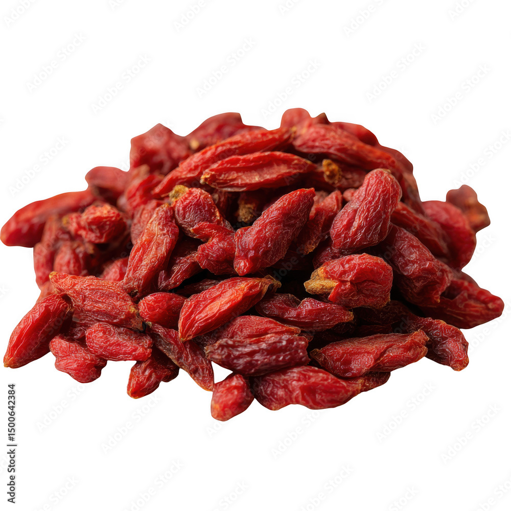 A close up shot of a pile of dried goji berries on a transparent background in a studio setting A close up shot of a pile of dried goji berries on a transparent background in a studio setting