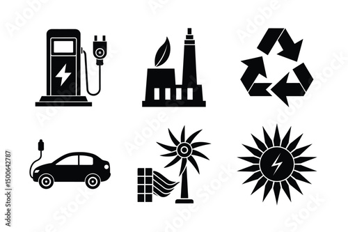 Gas station icon set vector illustration of city energy and fuel industry business power building design silhouette