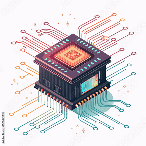 Design a bold, vector illustration of a quantum computer using glowing lines and a strong stroke style, rendered in a futuristic GL style.