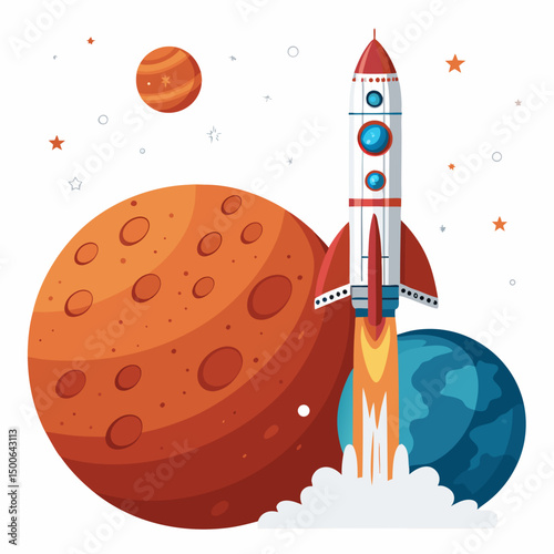 Create a vector illustration of a bold-stroke rocket launching upwards, dynamic and powerful, towards a starry night sky.