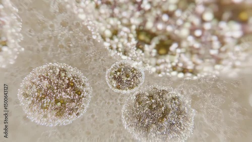 Close up view of fungal colonies with visible spores and mycelial networks under high magnification in laboratory conditions.