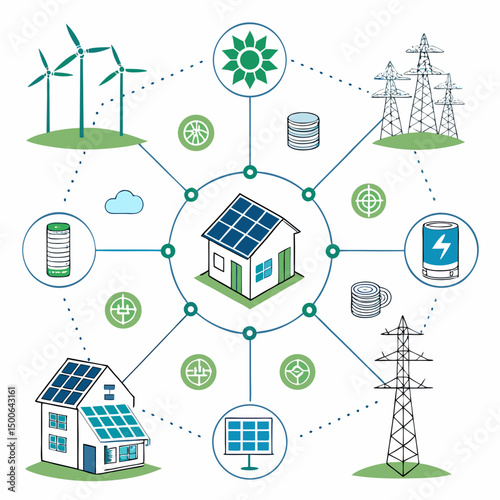 Design a bold, vector illustration of a smart grid energy distribution system, emphasizing its interconnectedness and efficiency.  Use strong lines and vibrant colors.