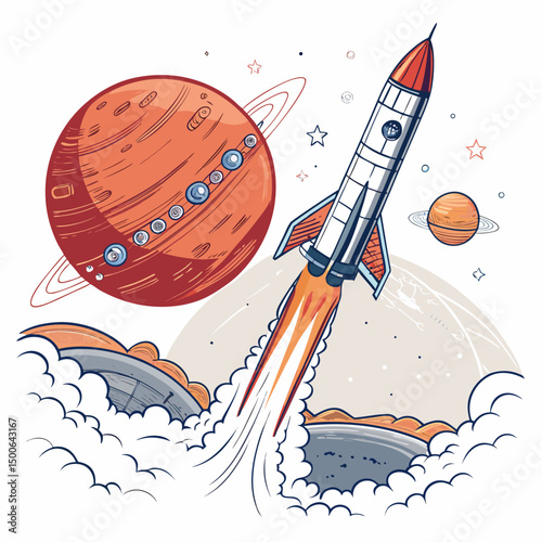Create a vector illustration of a bold-stroked rocket launching upwards, emphasizing strong lines and vibrant color.  Include fiery exhaust.
