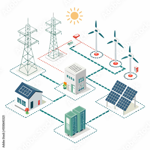 Design a bold, vector illustration of a smart grid energy distribution system, emphasizing strong lines and clear node connections.