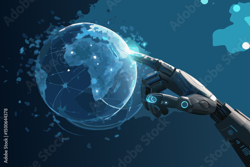A futuristic cybernetic hand gently interacts with a vibrant holographic globe, showcasing advanced technology and global connectivity.