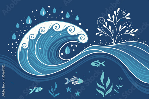 Create a vector illustration of deep blue ocean water, dynamically flowing and swirling, emphasizing depth and texture.  Include highlights and subtle shading for realism.