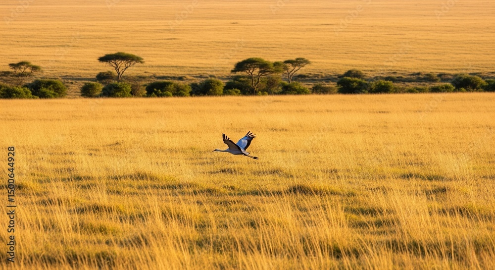 Obraz premium Vast African grasslands with a bird in flight. Captures the serene beauty of the golden plains. Perfect for nature or travel visuals.