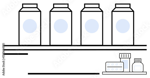Lined-up cartons on one shelf and stored medicine bottles with tablets on another emphasize storage, safety, organization. Ideal for health, nutrition, retail, pharmacy, minimalism, categorization