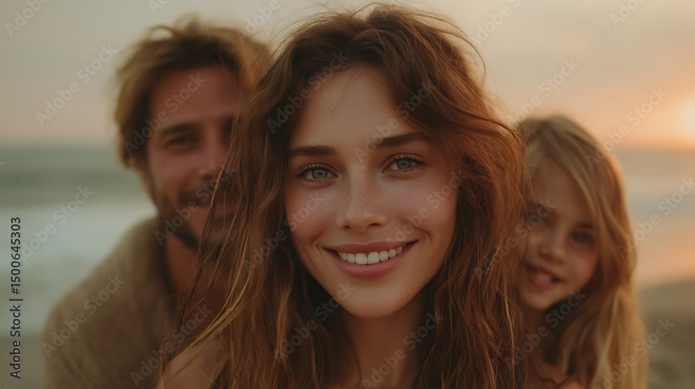 Smiling mother poses with family at sunset time.