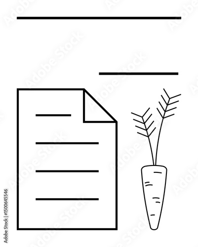Paper document with lines next to a carrot. Ideal for dietary advice, nutrition plans, health education, food policy, sustainability, meal planning, farm-to-table concepts. Minimal flat simple