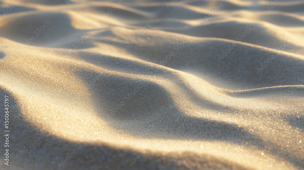Fototapeta premium Close-up of soft sand dunes with gentle shadows and sunlight creating a wavy texture pattern. 