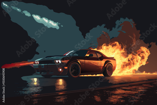 Create a vector illustration of intense exhaust flames and tire smoke billowing from a vehicle, emphasizing bold lines and a dynamic, powerful aesthetic.