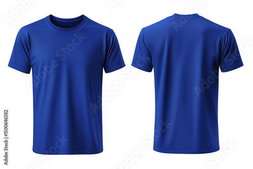 A blue t shirt shown from the front and back on a black background in a studio setting display