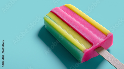 Colorful three-tone popsicle with green, yellow, and pink layers on a turquoise background casting a sharp shadow.
 photo