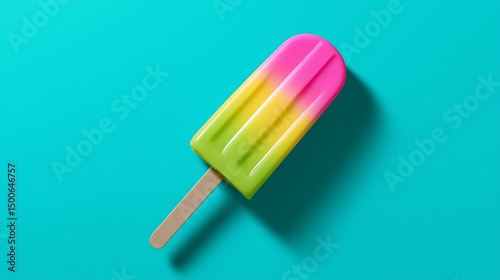 Colorful three-tone popsicle with green, yellow, and pink layers on a turquoise background casting a sharp shadow.
 photo