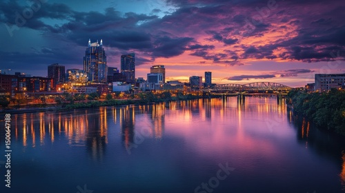 Nashville skyline at sunset reflecting in the Cumberland River with vibrant colors