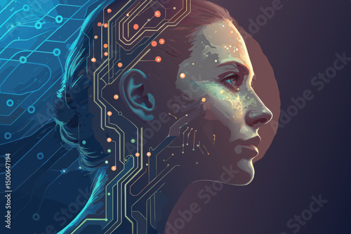 A vector illustration of a human face seamlessly merging with intricate AI circuitry, showcasing a futuristic blend of organic and technological elements in augmented reality.