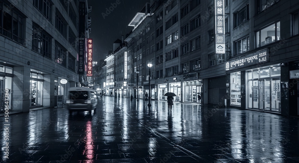 Naklejka premium Walking Down Rainy City Street at Night with Street Lights Reflecting