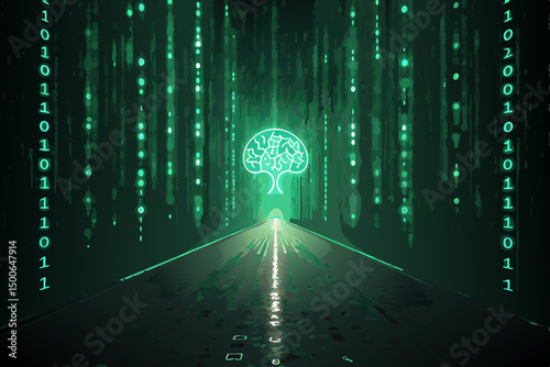 Generate a vibrant, Matrix-style image of glowing green data streams falling against a dark background, incorporating abstract AI elements.  Include subtle geometric shapes.