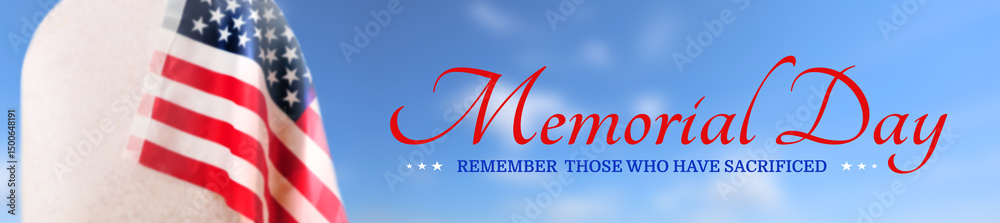 Fototapeta premium Blurred view of the cemetery and US flag on the lawn. Memorial Day background. 3d illustration