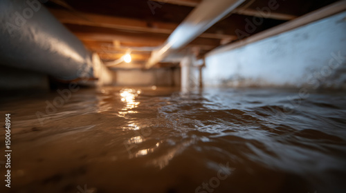 Fototapeta Naklejka Na Ścianę i Meble -  Water pooled in crawl space under pipes, causing concern about moisture and potential damage