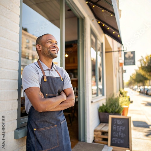 Fototapeta Naklejka Na Ścianę i Meble -  Happy small business owner standing outside his shop,