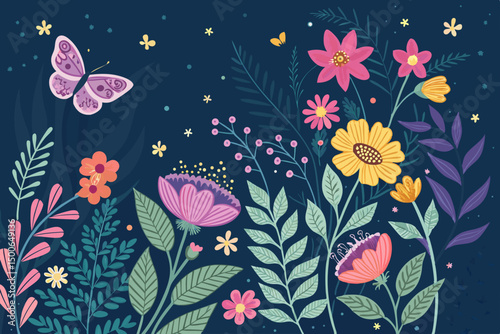 Vibrant, hand-drawn doodle background featuring colorful organic floral elements and playful nature motifs. Ideal for textile prints, website backgrounds, or stationery.